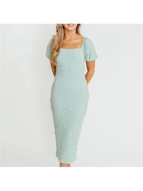 WORTH COLLECTIVE Blakeley Textured Midi Dress Seafoam puff sleeve Bump Friendly
